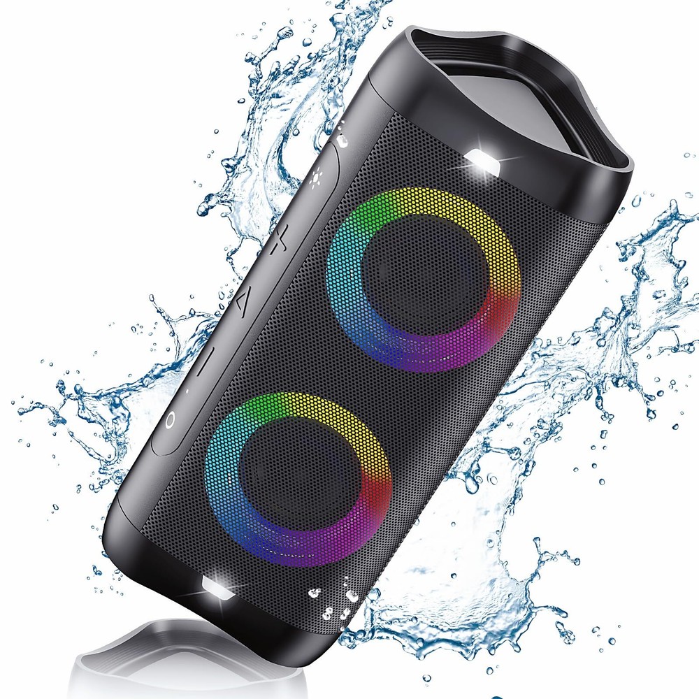 Portable Bluetooth Speaker with Lights, 30W Stereo Sound, Bass Boost, IPX5 Wa...