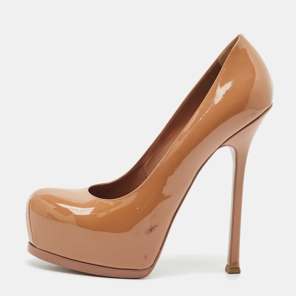 Yves Saint Laurent Beige Patent Leather Tribtoo Platform Pumps Size 395