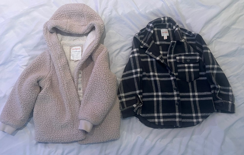 Cat & Jack Set 2 Kids Jacket Winter Coats Small (6/6x) Plaid Sherpa Lined