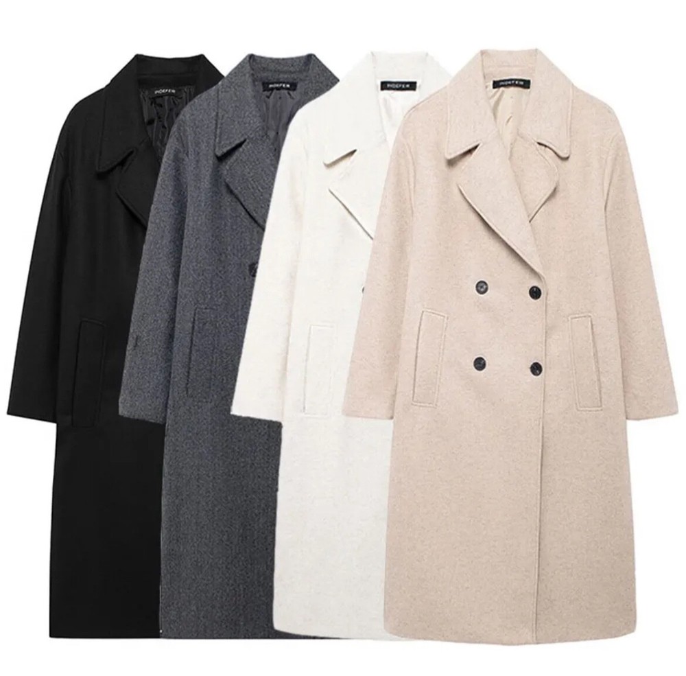 TRAFZA New Women Winter Coat Lapel Double Breasted Long Sleeve Warm Trench Outer