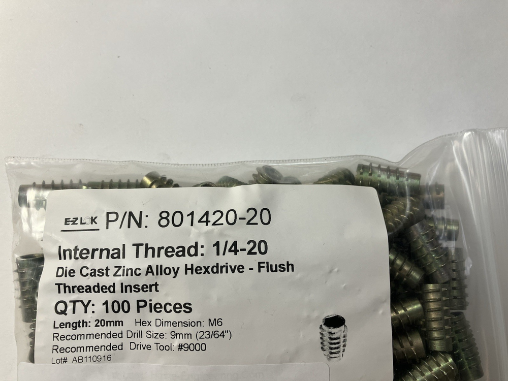 EZ-LOK 1/4-20 20MM Die Cast Zinc Alloy Hex-Drive Threaded Insert Wood 100 Pcs