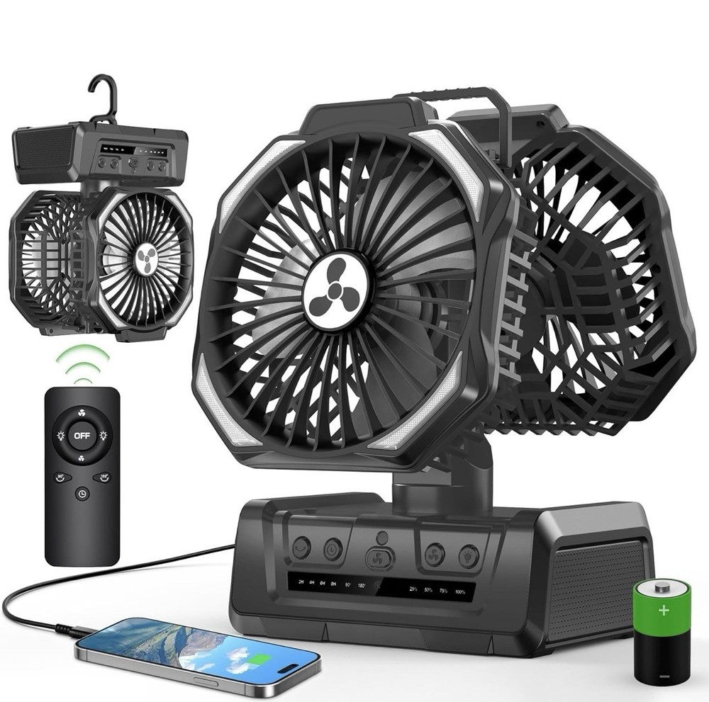 Dual Head Portable Rechargeable Fan 20000mAh Battery Powered Fan Camping Cordles