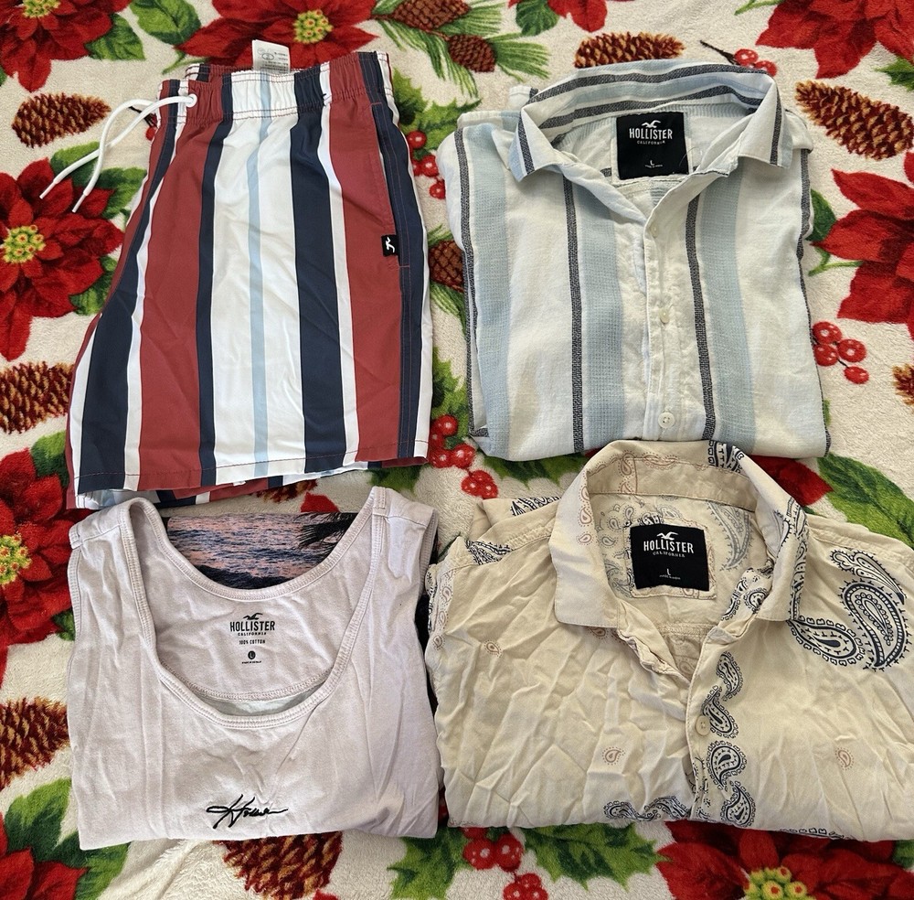 Hollister Bundle Men’s 2 Short Sleeve Button Up Shirt, Large Short &Tank Top
