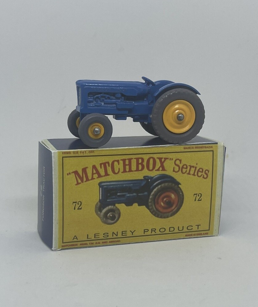 Lesney Matchbox 72 Custom Ford Tractor Yellow Hubs Nice Restored Repro Box.