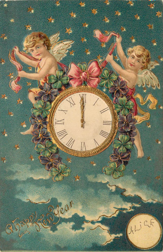 Embossed New Year Postcard Cherubs on Big Clock By Moonlight Stars at Night-image