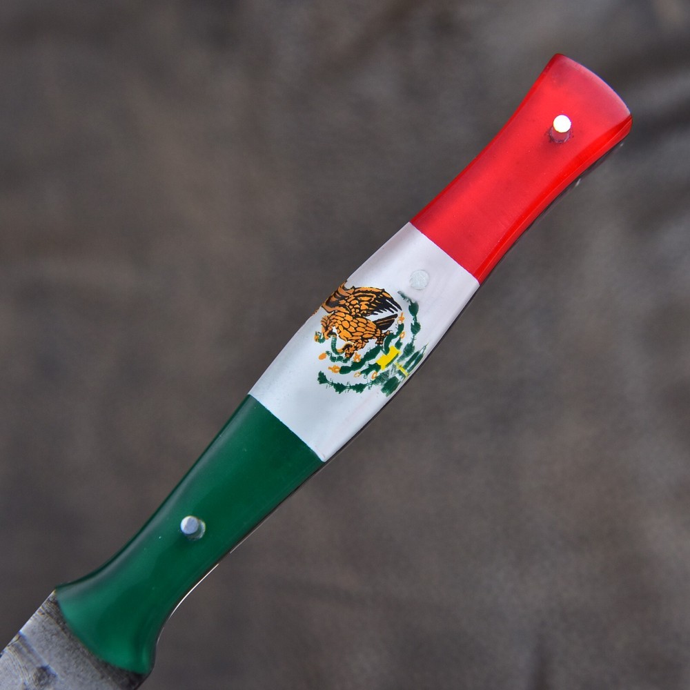 MEXICAN FLAG HANDLE Damascus steel hunting DOUBLE EDGED DAGGER BOOT KNIFE