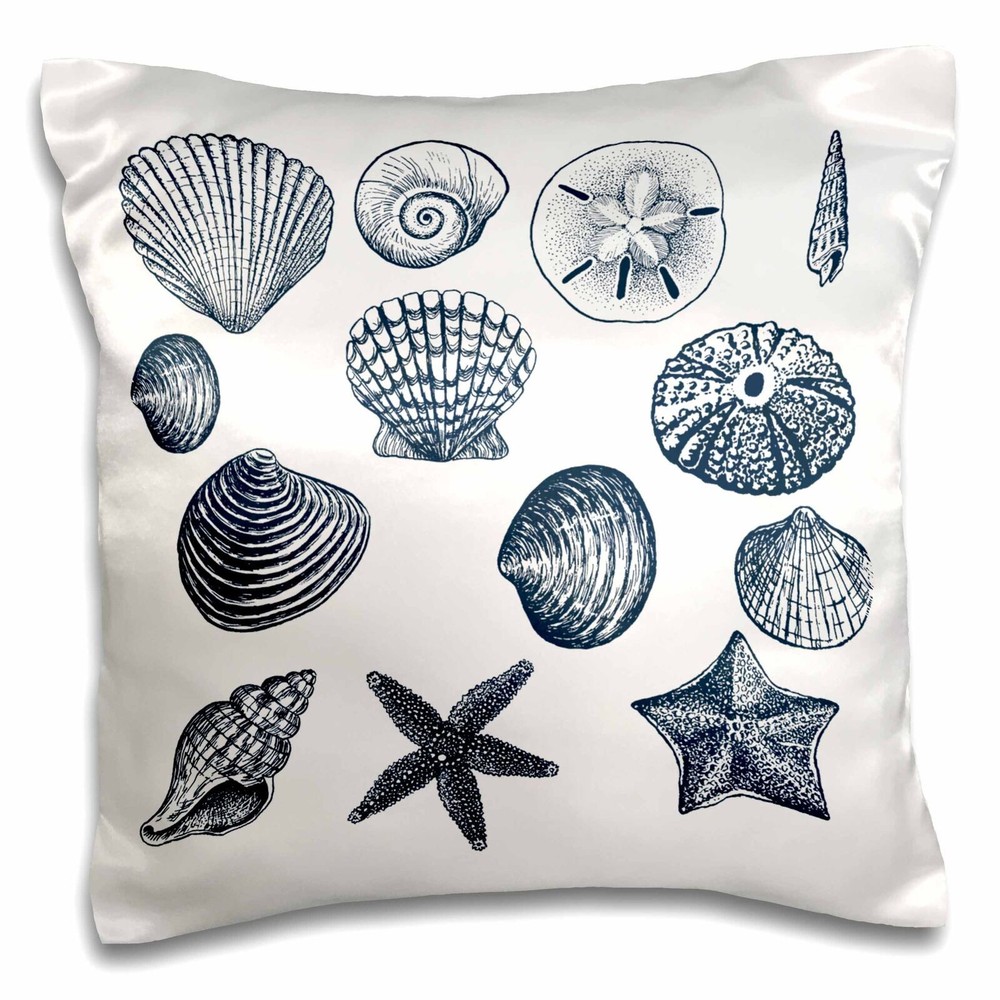 3dRose Blue Sea Shells Nautical beach theme ocean art 16x16 inch Pillow Case
