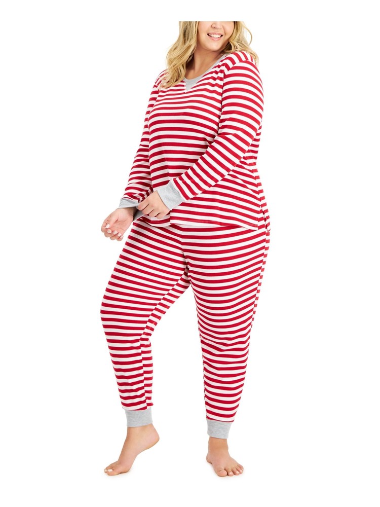 FAMILY PJs Womens Red Top Long Sleeve Cuffed Pants Stretch Pajamas Plus 1X