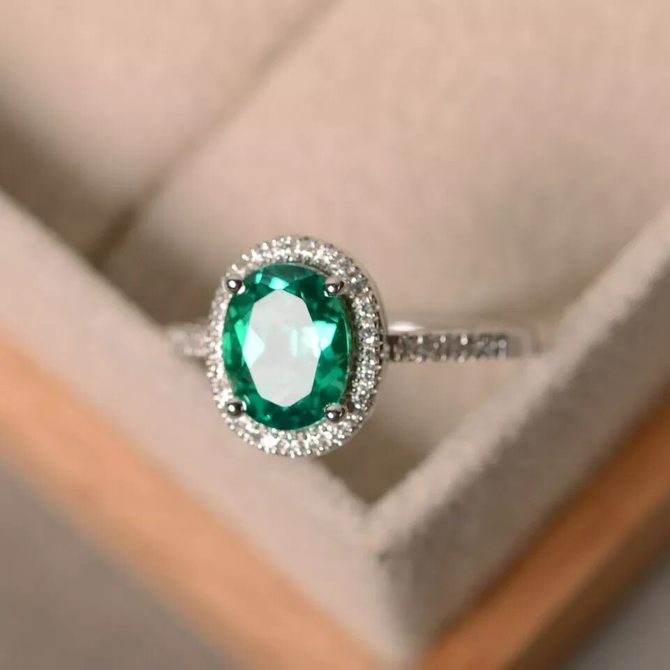2.35 Ct Oval Cut Natural Emerald Diamond Engagement Ring 14K Solid White Gold
