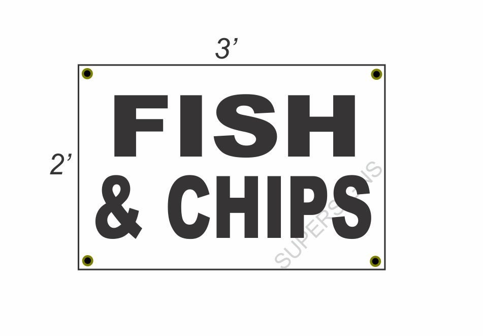2x3 Black & White Fish & Chips Banner Sign – New Discounted Size & Price with Free Shipping Included