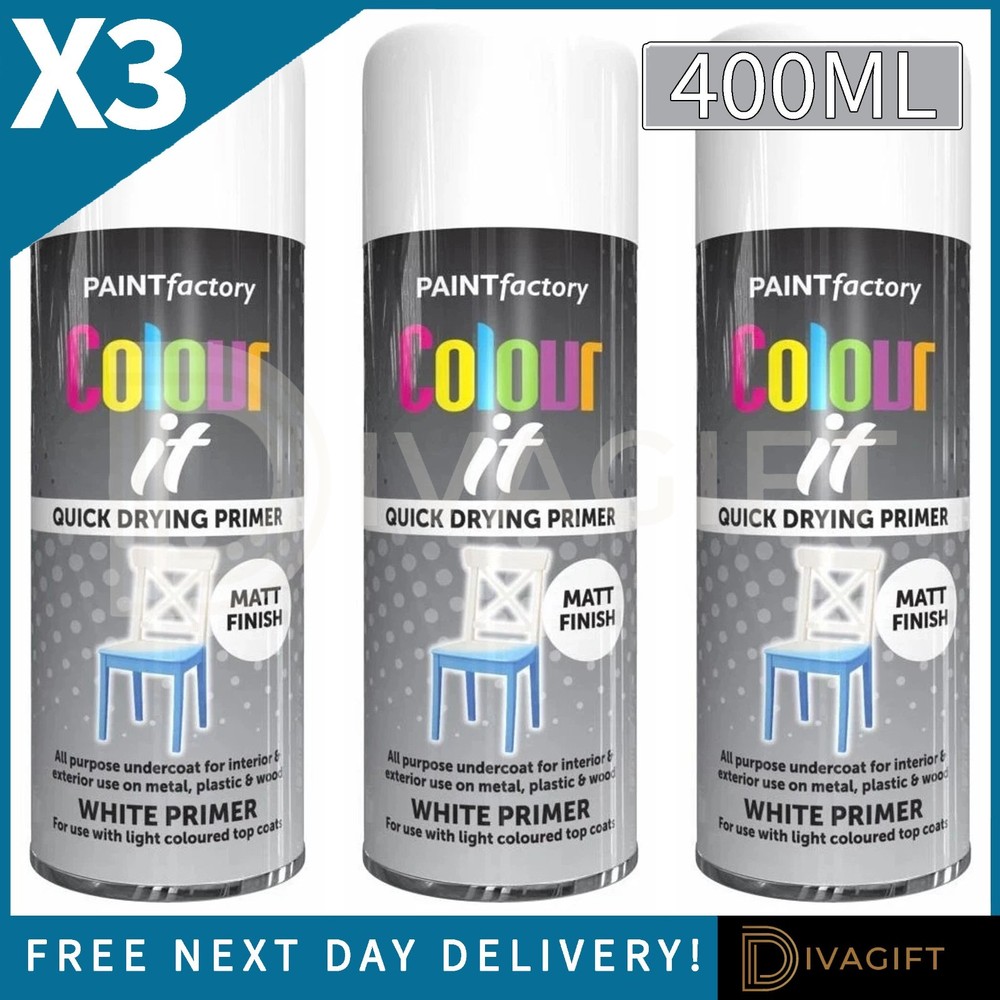 3 x COLOUR IT WHITE PRIMER MATT FINISH SPRAY PAINT 400ML HOUSEHOLD CAR PLASTIC