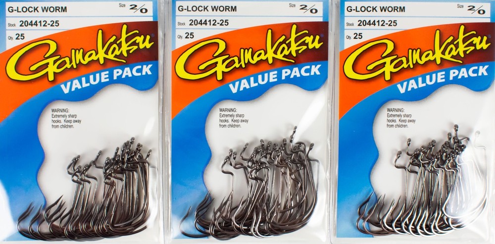 Gamakatsu G-Lock Worm NS Black Hook Value Pack Lot of 3 Size 2/0 204412-25 D4287