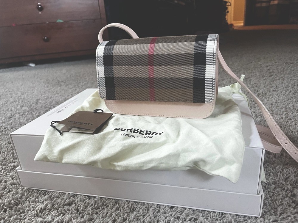 Burberry Pink House Check Small Shoulder Bag Gold Hardware Logo Accent Dust Bag