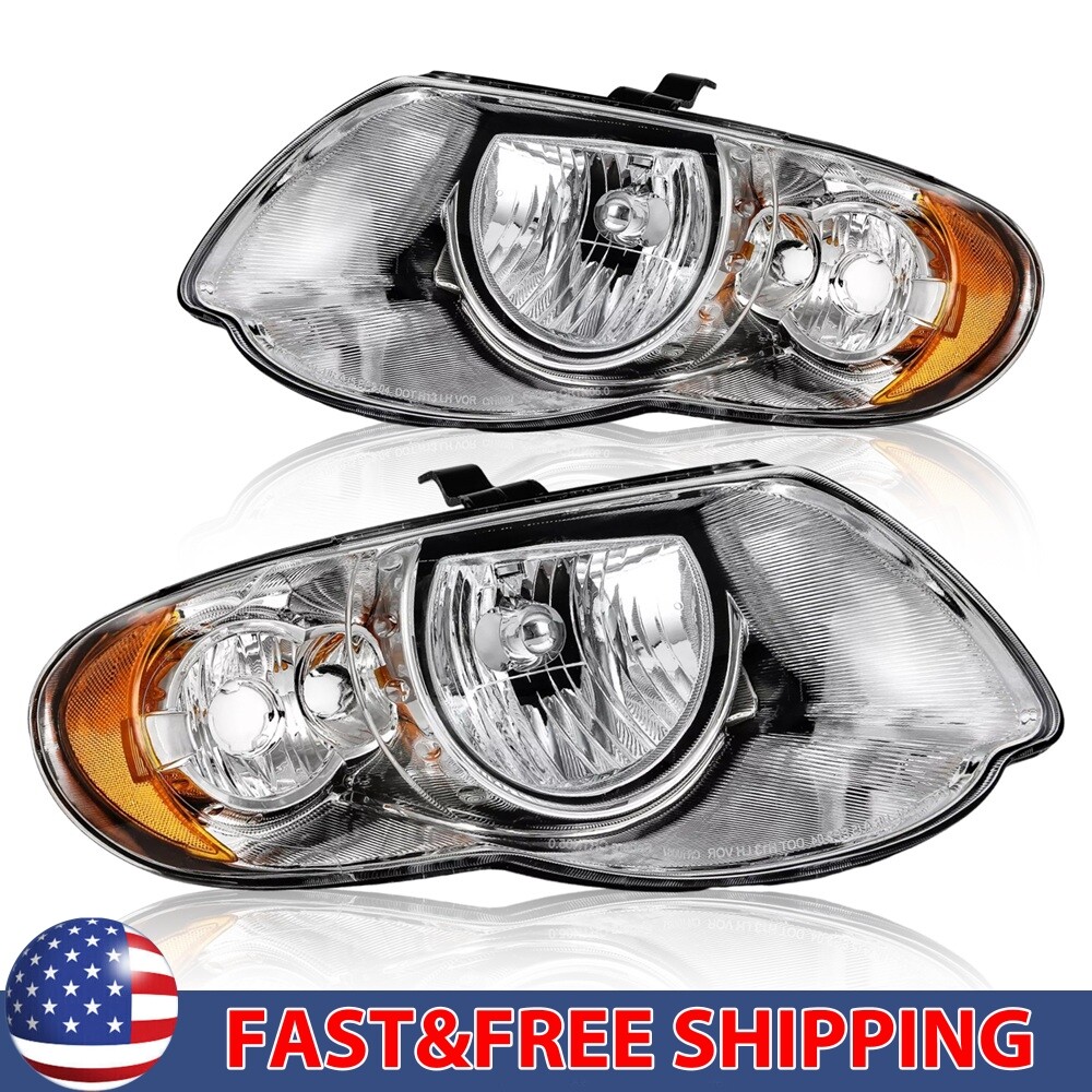Pair Headlights Assembly For 2005-2007 Chrysler Town & Country Chrome Headlamps