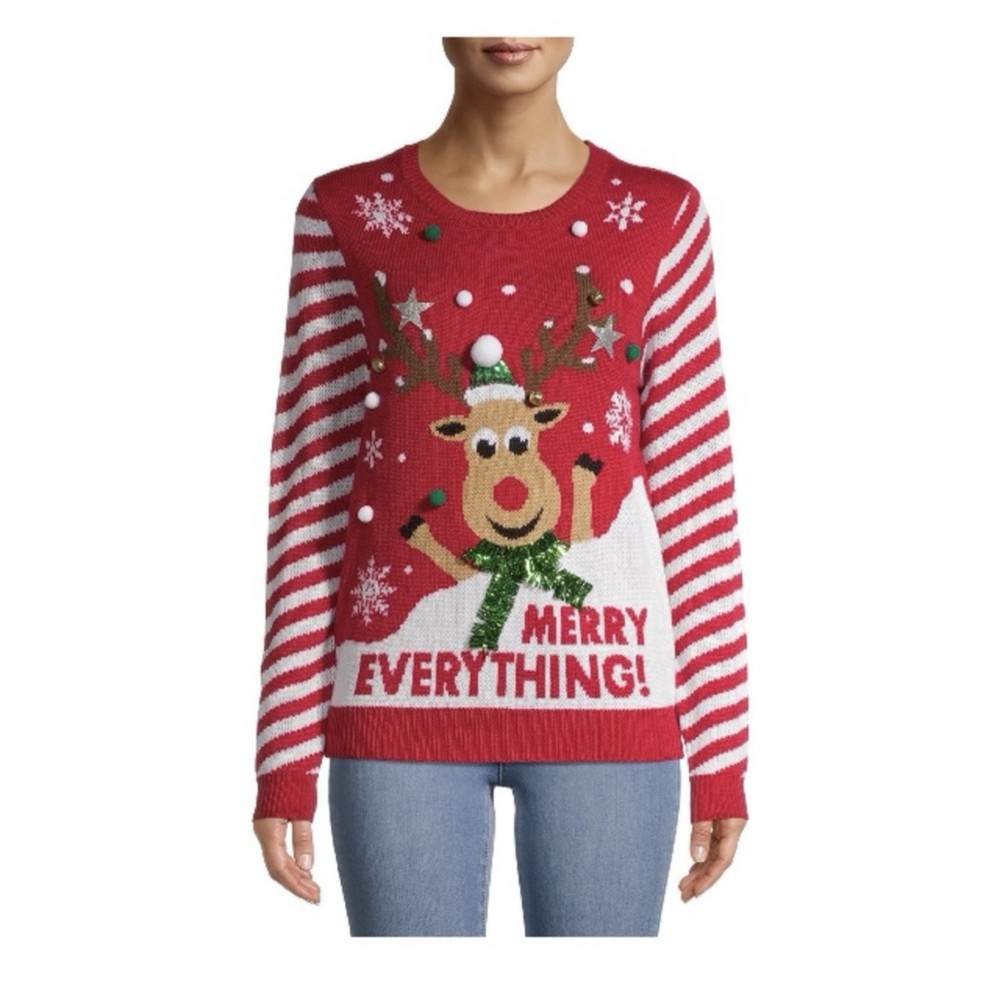 No Boundaries Juniors Merry Everything Reindeer Christmas Sweater with Bells Size M