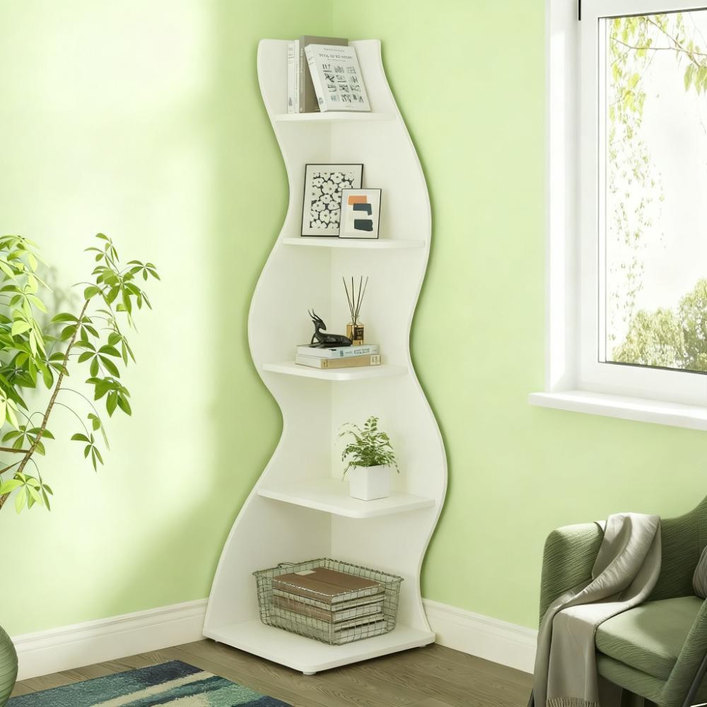 White 5 Tier Corner Shelving Unit Space Saving Engineered Wood Storage