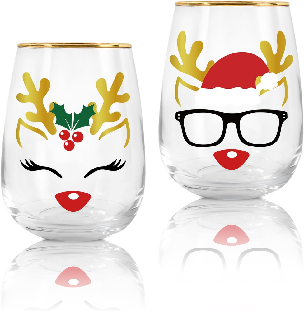 17Oz Gold Rimmed Reindeer Stemless Wine Glass Set 2Pcs