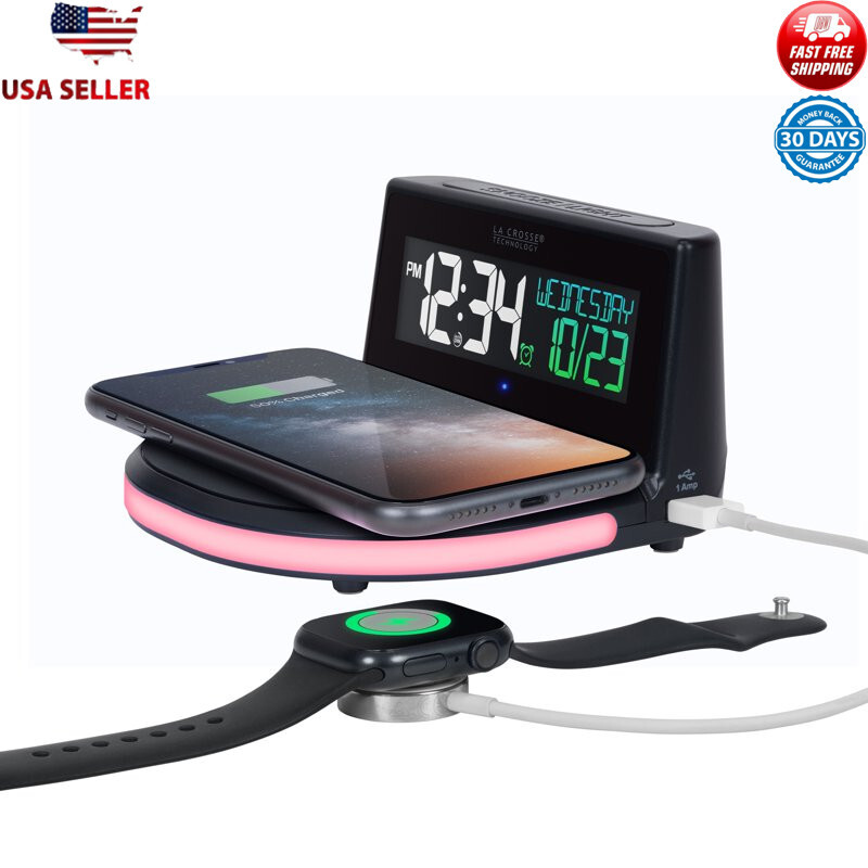 Wireless Charging Digital Alarm Clock with Glowing Lighted Base Auto-Dim Bedroom