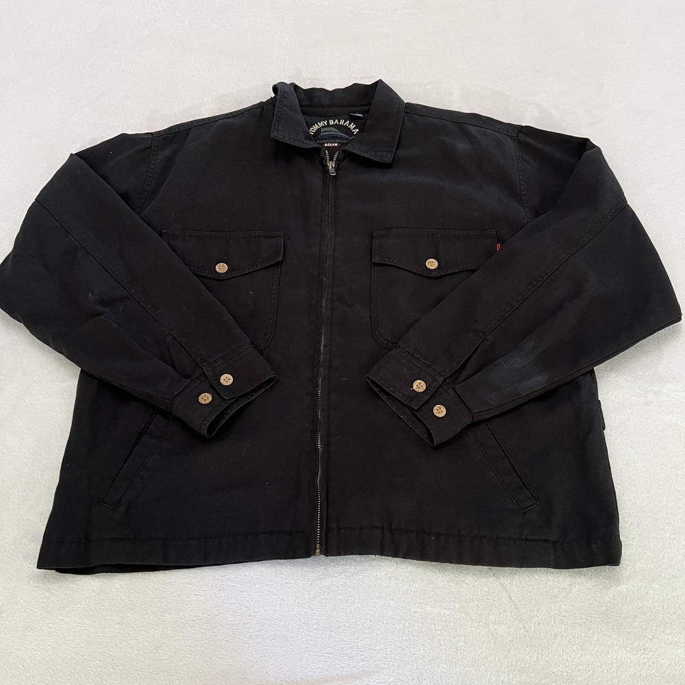Tommy Bahama Jacket Mens Medium Black Floral Lined Zip Chore Coat Twill Casual