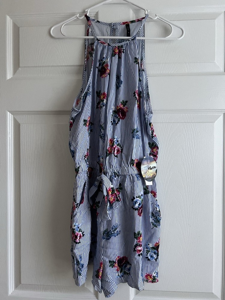 NWT BeBop Halter Tie Waist Blue & White Striped Floral Romper Medium￼