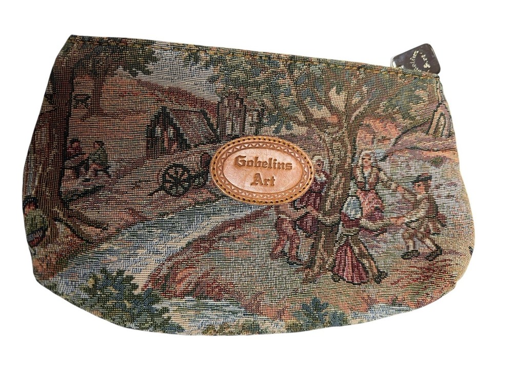 Gobelins Art Tapestry Zip Pouch Medieval Scene Woven Cosmetic Bag 9x6