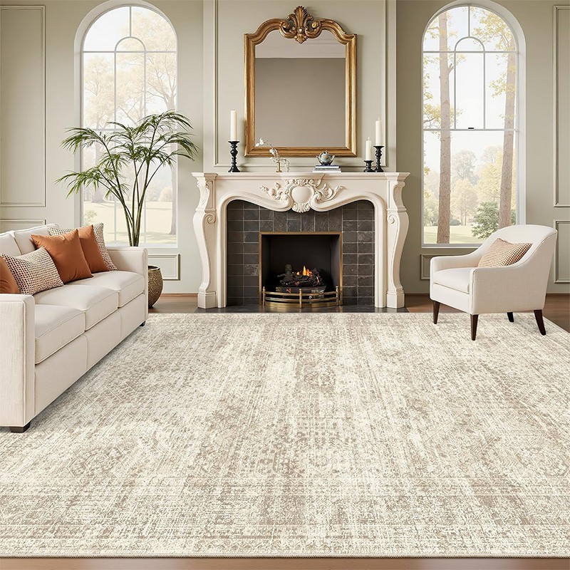 9'x12' Beige Washable Area Rug, Low Pile Large Soft Rug for Living Room, Bedroom