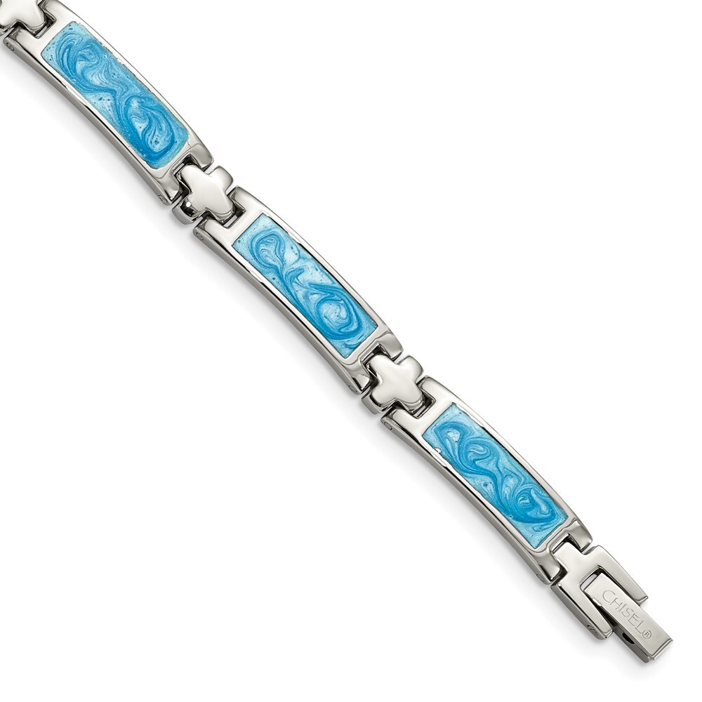 Stainless Steel Polished with Blue Swirl Enamel Link Bracelet 7.25
