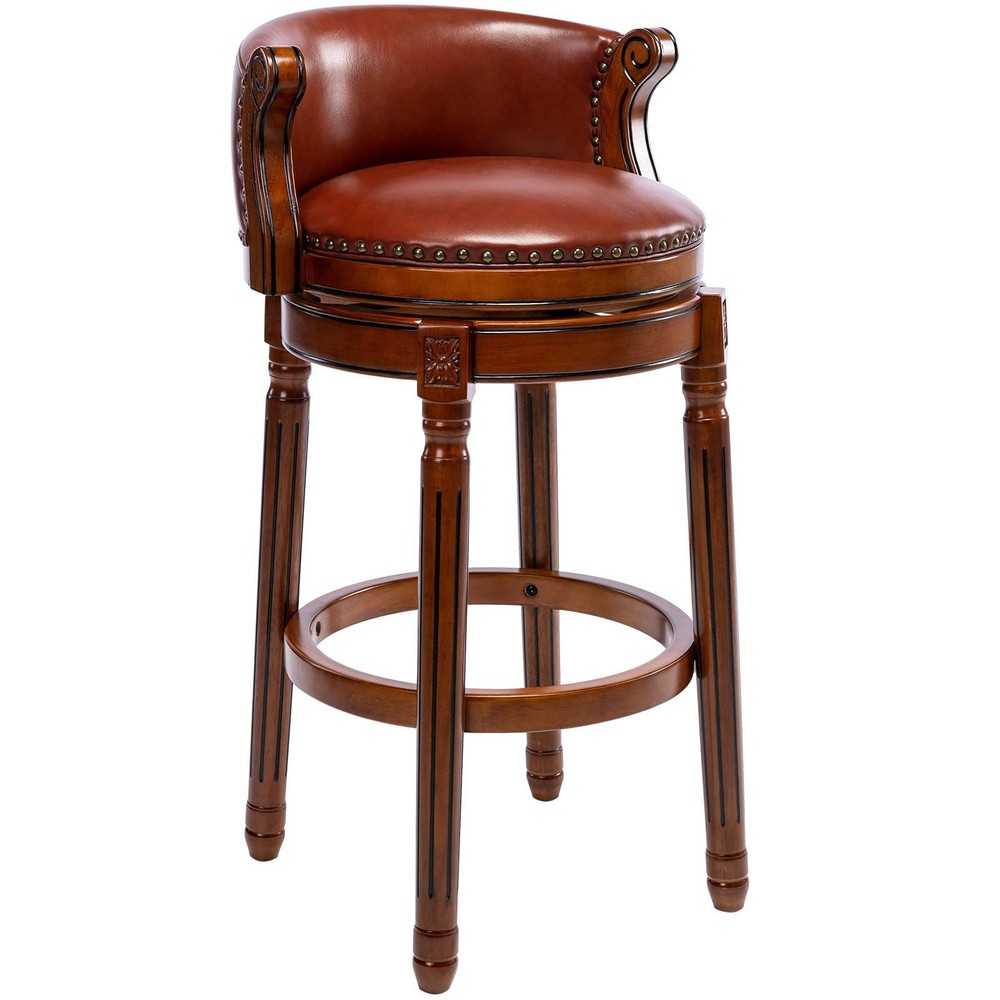 360-Degree Swivel Wooden Bar Stools with Cushioned Leather Seat at 29.5 Inch Bar Height