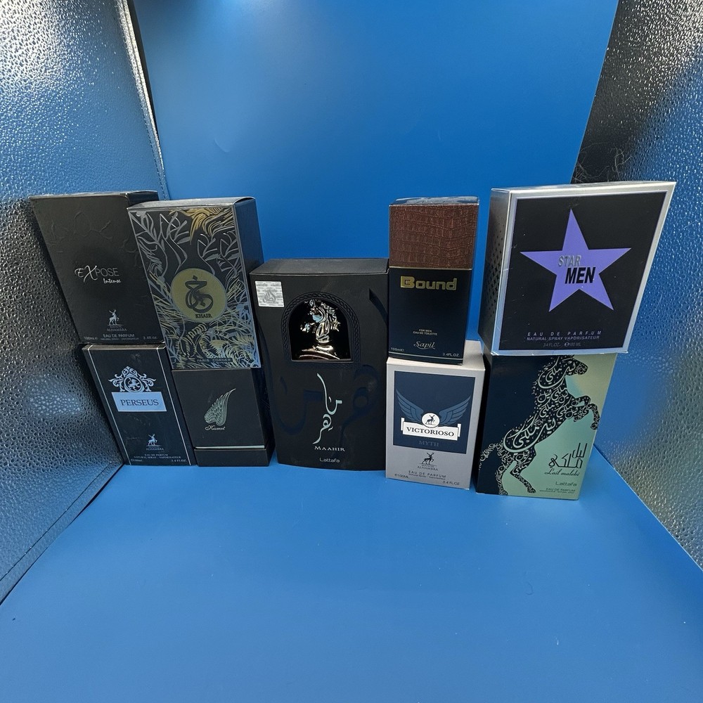 COLOGNE LOT OF 10 Sapil Bound, Lattafa Kismet, Maison Alhambra Perseus, Khair