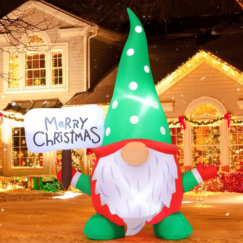6FT Christmas Inflatables Green Hat Gnome 2025 NEW LED Outdoor Decoration