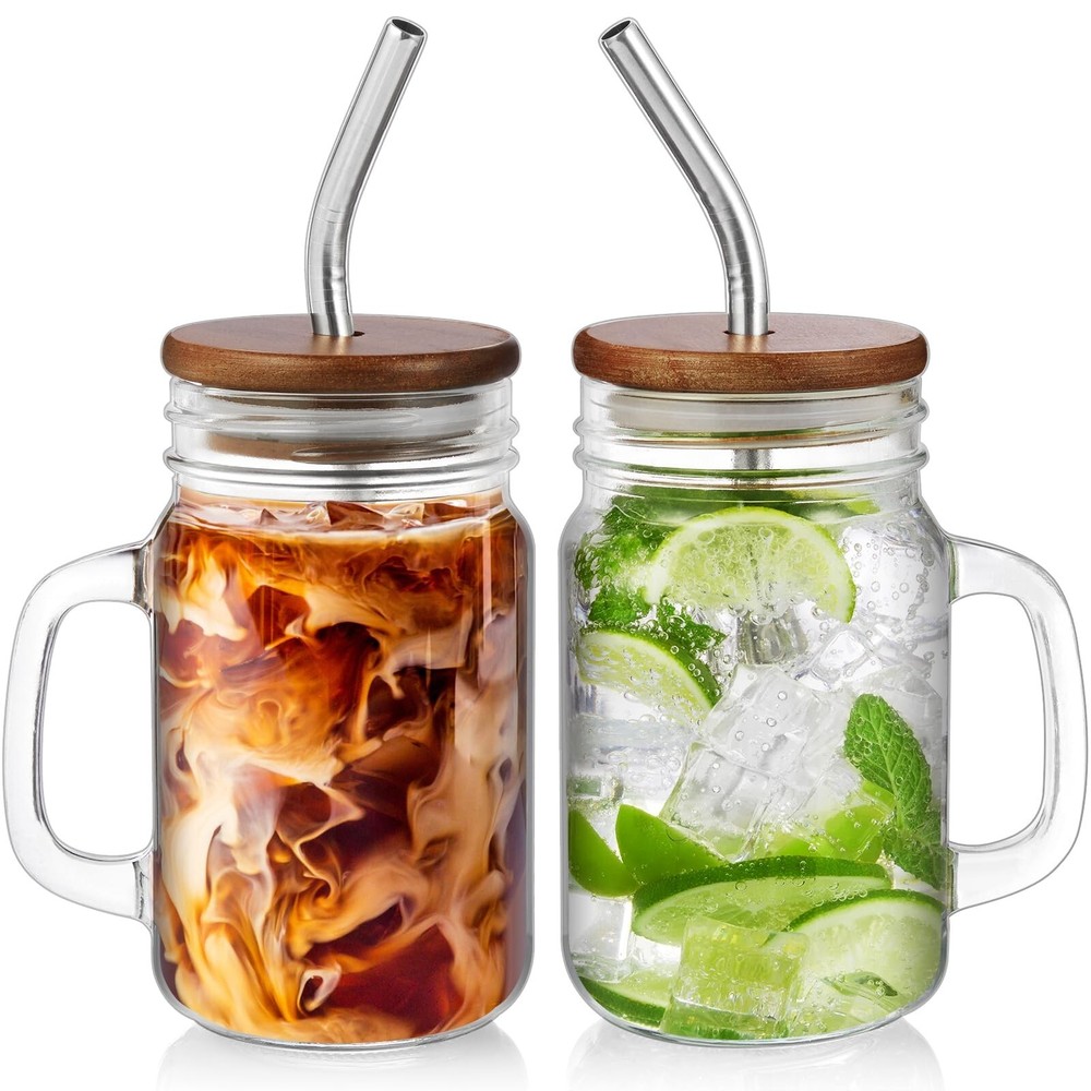 DRASTAR 16 oz Mason Jar Glass Coffee Mug with Handle and Straw