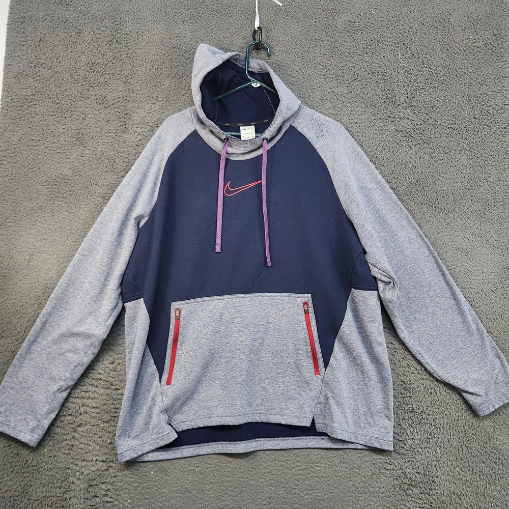 Nike Therma-Fit Hoodie Mens 2XL Gray Navy Pullover Athletic Sweatshirt Fleece