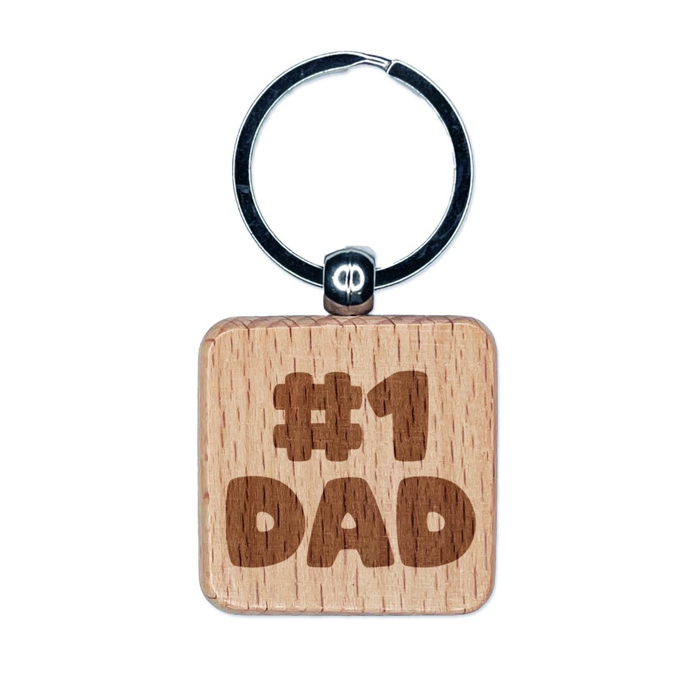 #1 Dad Number One Father's Day Engraved Wood Square Keychain Tag Charm