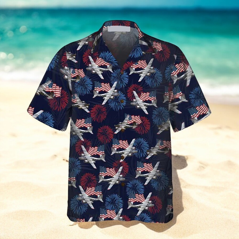 Stylish American Flag Firework Military Airplane Hawaiian Shirt Design
