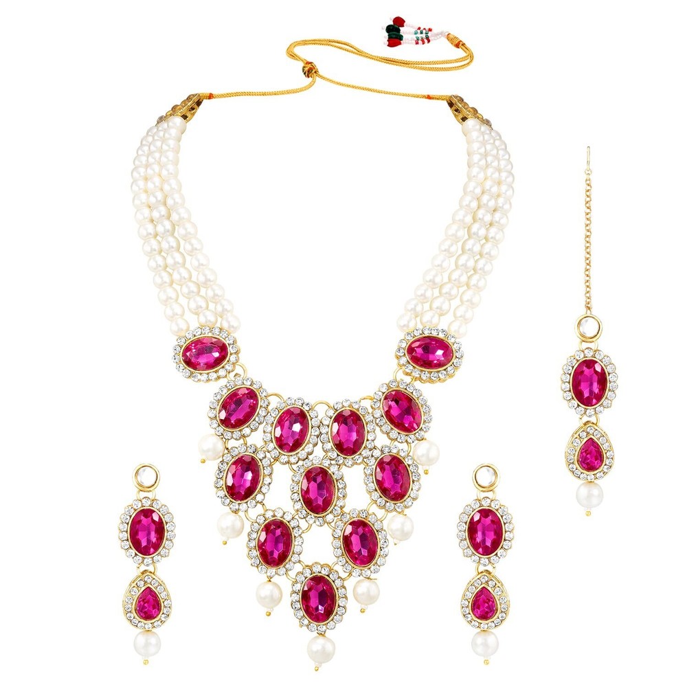 Aheli Gold Plated Pearl Necklace Set with Earrings and Maang Tikka