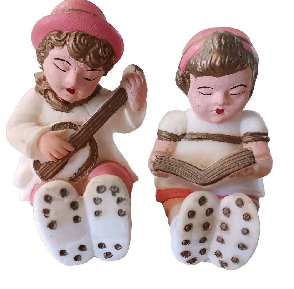 Glass Figuines Vintage Decor Boy And Girl Reading Playing Music