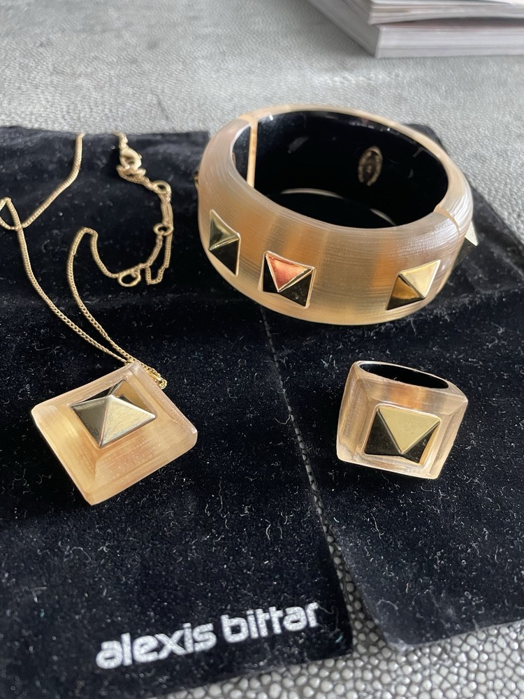 Alexis Bittar Gold Lucite. Set of 3 incl matching necklace, bracelet, ring EC