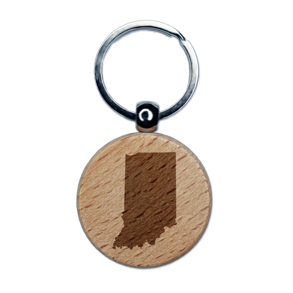 Indiana State Silhouette Engraved Wood Round Keychain Tag Charm