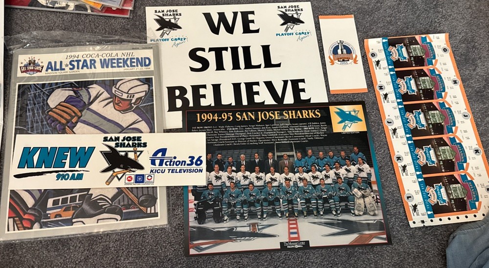 SJ-Sharks 90’s-Playoff Tickets, Rally Sign, Team Photo, All-Star Program,Sticker