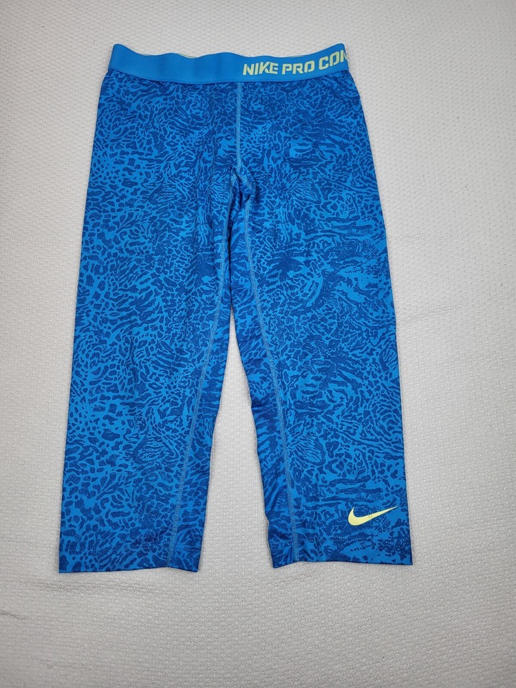 Nike Pro Combat Womens Medium Blue Geometric Capri Leggings for Workout & Yoga