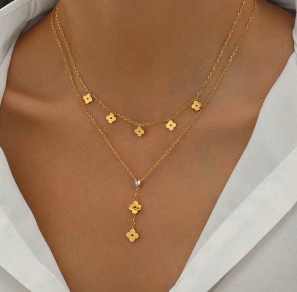 Gold Plated Stainless Steel Layered Clover Lariat Necklace