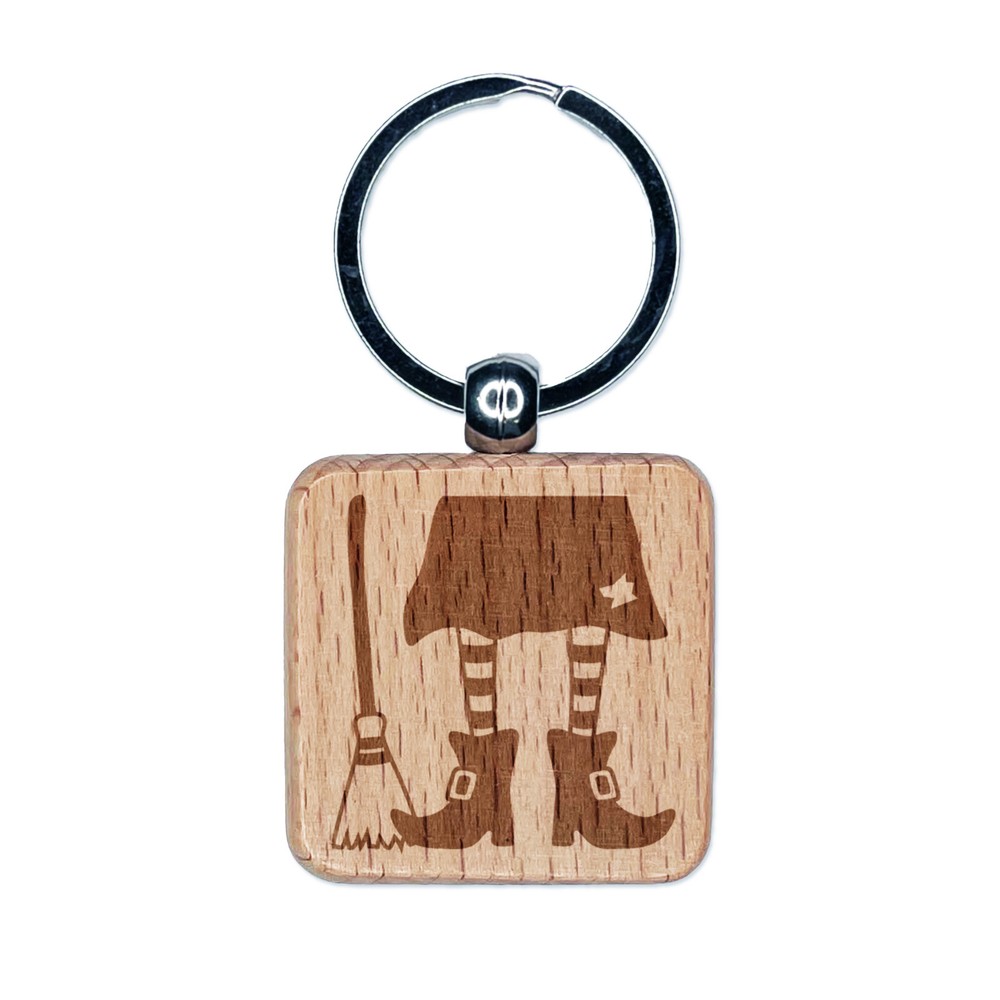 Witch Feet With Broom Halloween Engraved Wood Square Keychain Tag Charm