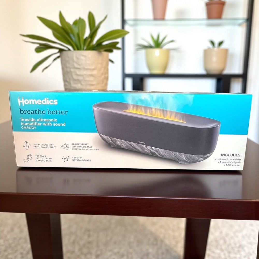 Homedics Fireside Ultrasonic Humidifier w/ Sound Flame Effect NEW Aromatherapy