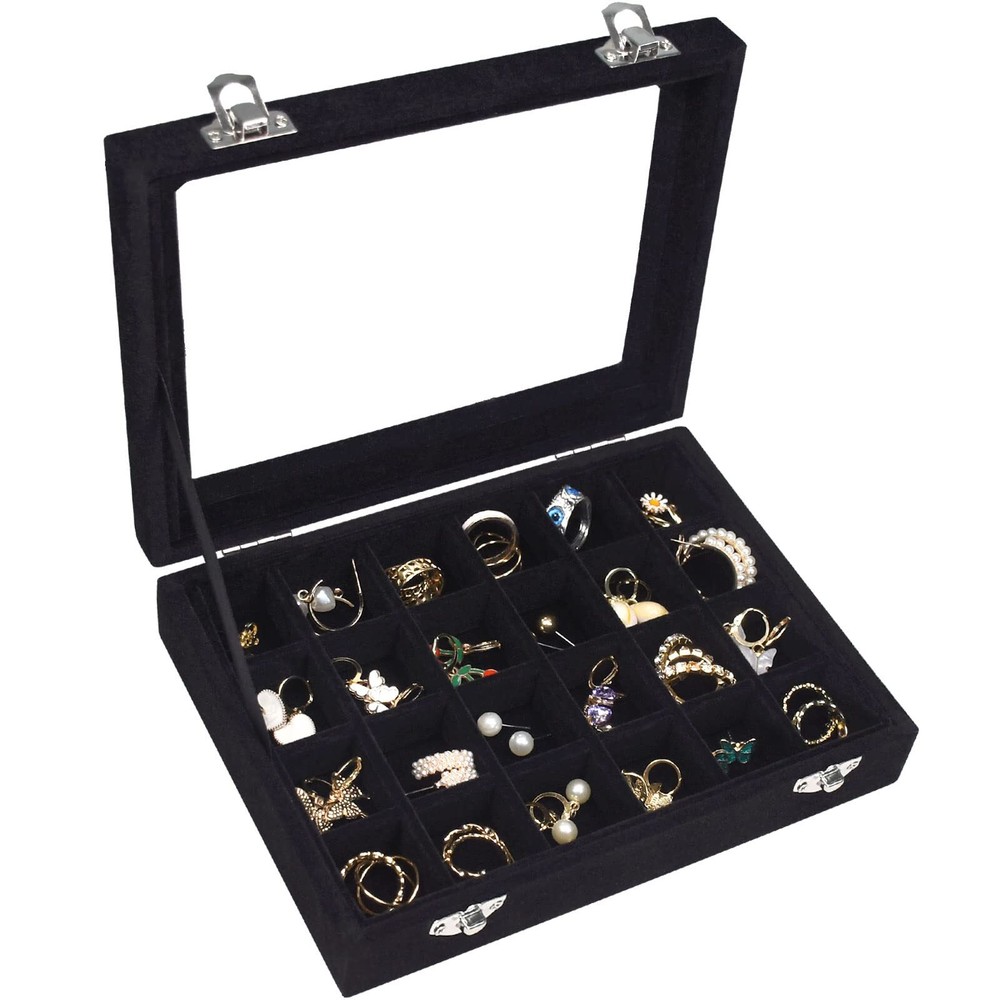 Velvet Jewelry Box 24 Grid Jewelry Ring Display Organiser Box Tray Holder Ear...