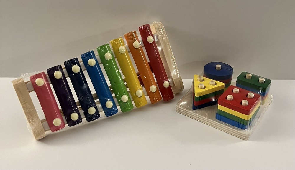 2PCS Montessori Wooden Stacking ,Shape , Color Toy + 8 Tone Wooden Xylophone Toy