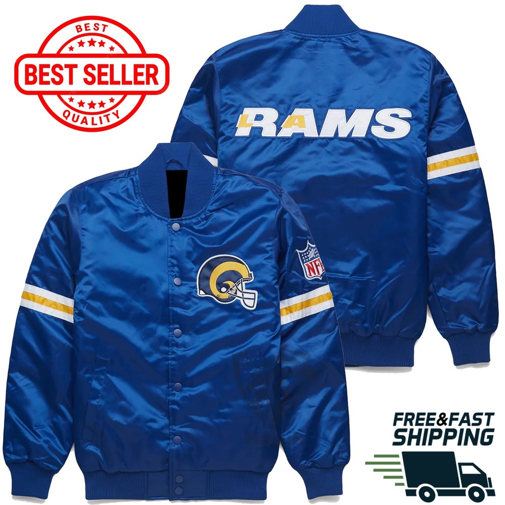 Letterman NFL Vintage Los Angeles Rams Blue Satin Bomber Varsity Jacket Fashion