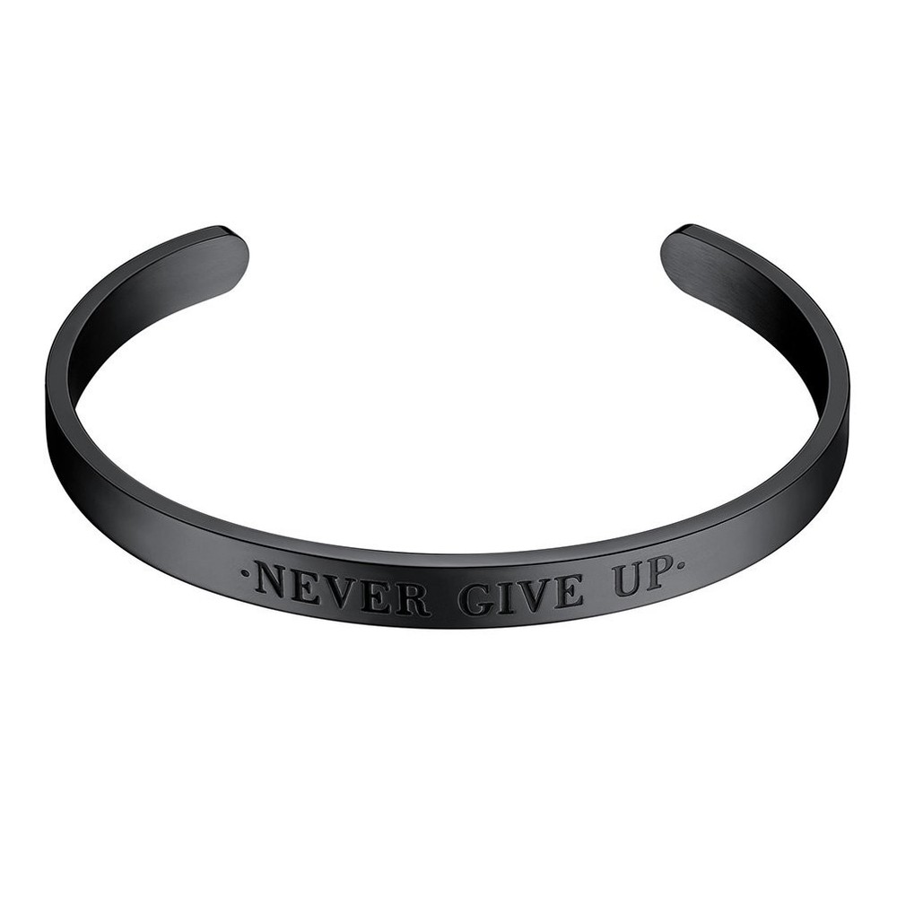 Never Give Up Black Cuff Bracelet for Men and Women Motivational Stainless Steel