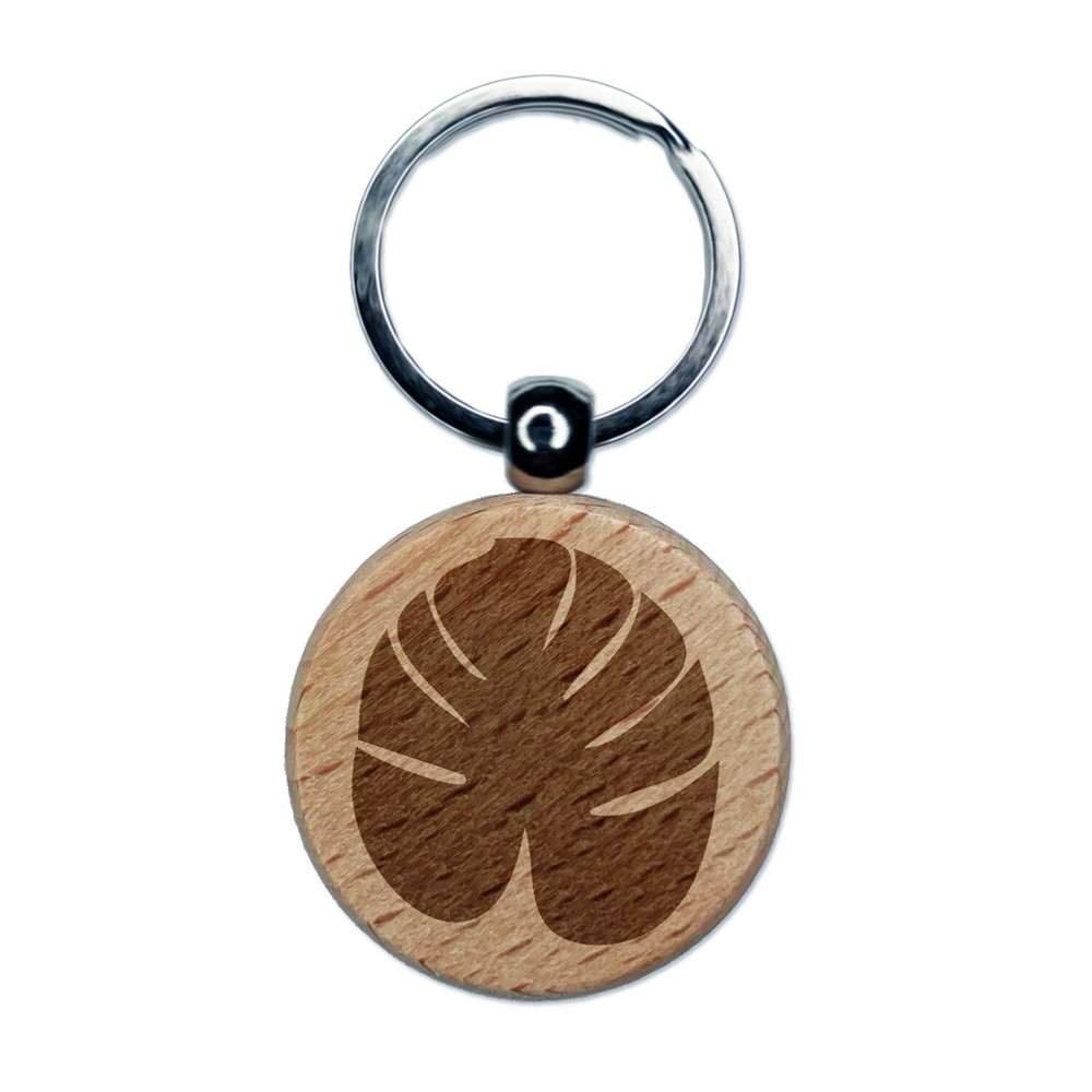 Palm Leaf Tropical Engraved Wood Round Keychain Tag Charm