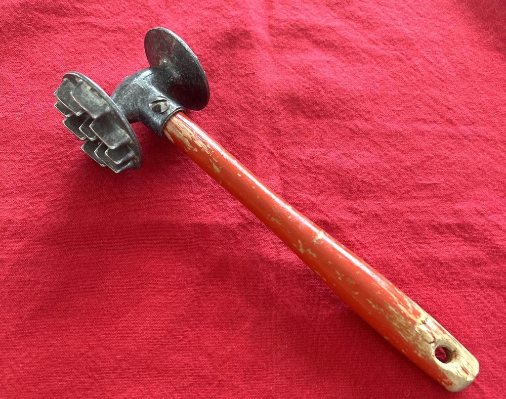 Vtg MCM Meat Tenderizer Red Painted Wood Handle Double Sided Modern Industries