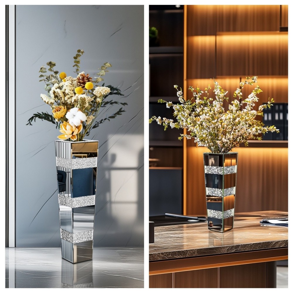 Crushed Diamond Mirrored Flower Vase Crystal Silver Glass for Decor Floor/Table